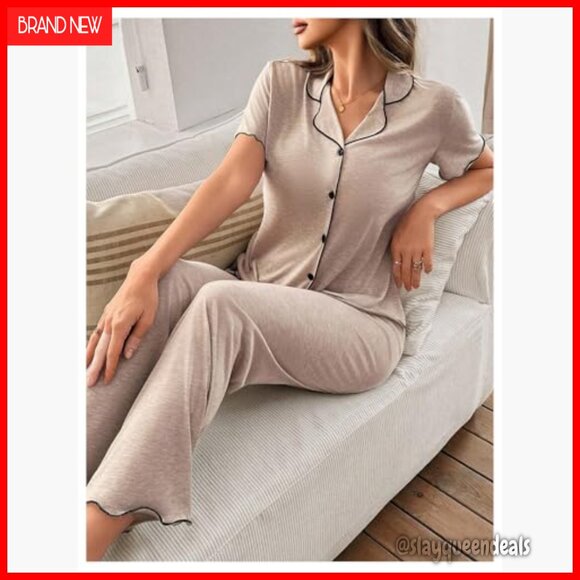 Soft Button Down Pajama Set Short Sleeve Shirt Pants Lounge Sleepwear - Picture 3 of 5